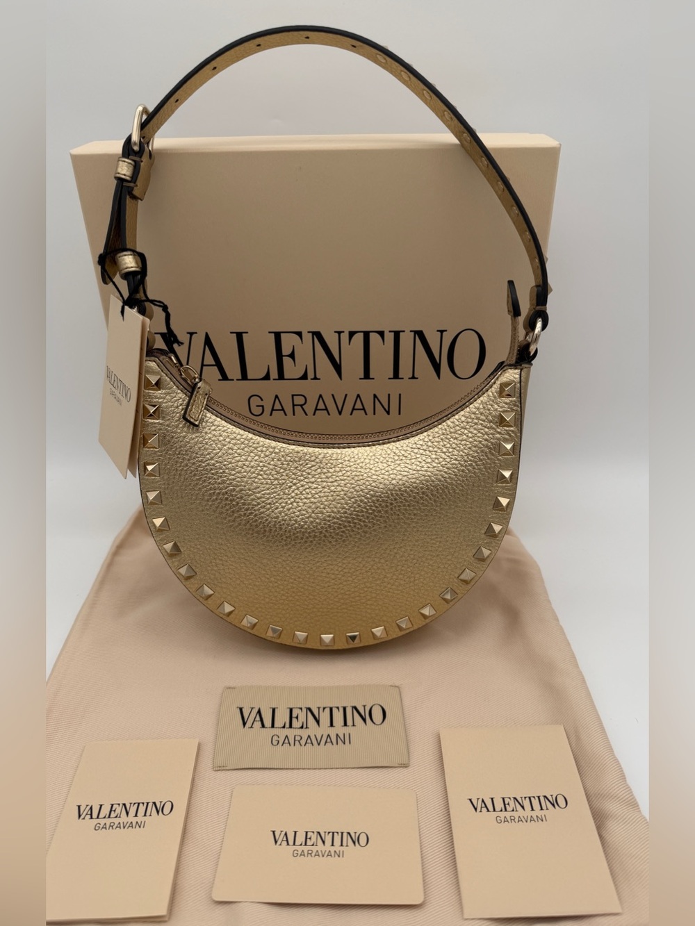 NEW VALENTINO GARAVANI LEATHER ROCKSTUD MINI HOBO GOLD BAG PURSE AUTHENTIC! - Picture 5 of 14